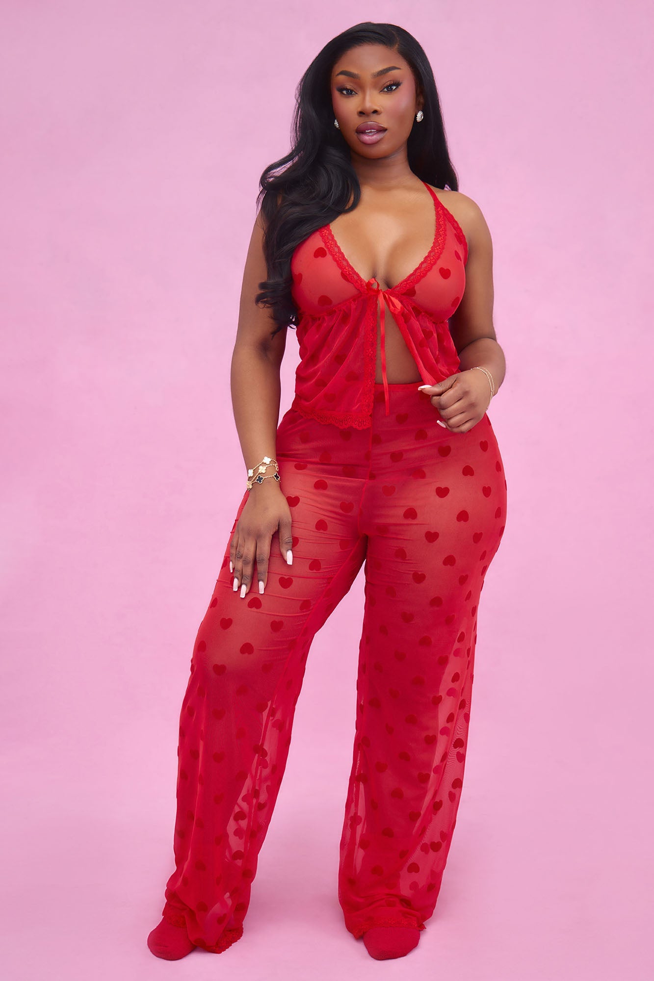 Tia Mesh Heart 2 Piece Set - Red