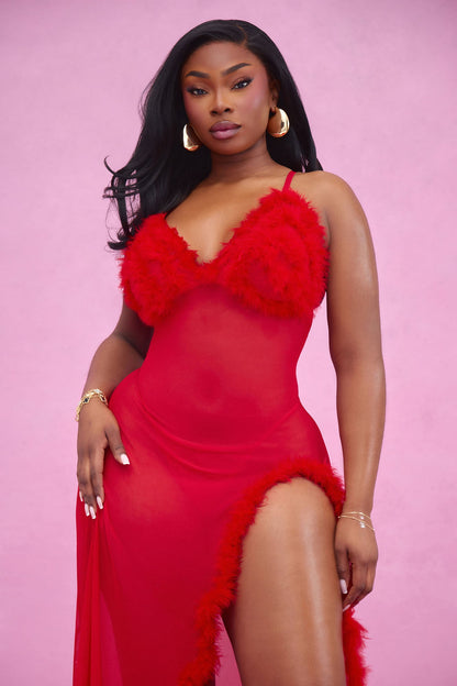 Sweet Lust Feather Maxi Gown Babydoll - Red