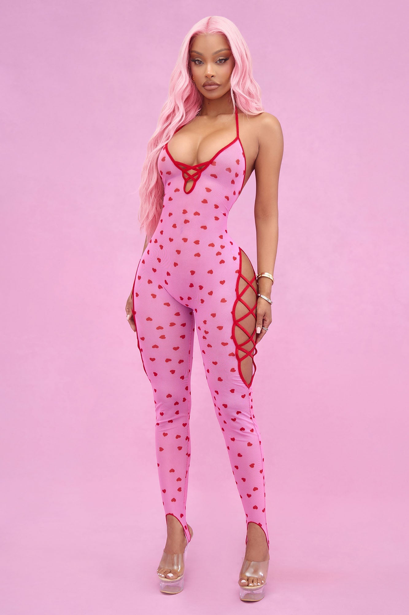 Kayla Heart Throb Mesh Bodystocking - Pink/combo
