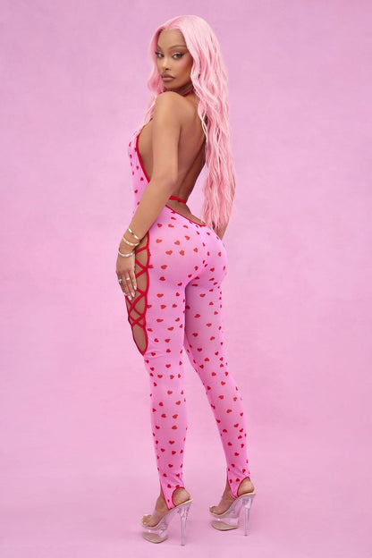 Kayla Heart Throb Mesh Bodystocking - Pink/combo