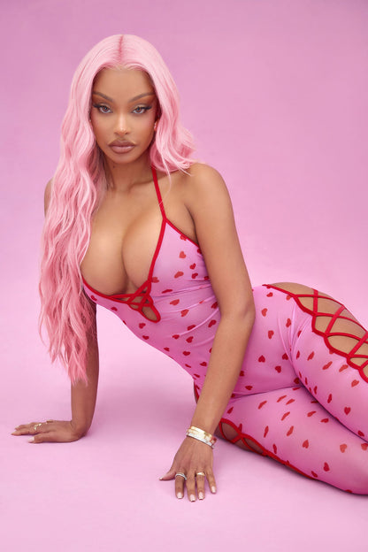 Kayla Heart Throb Mesh Bodystocking - Pink/combo