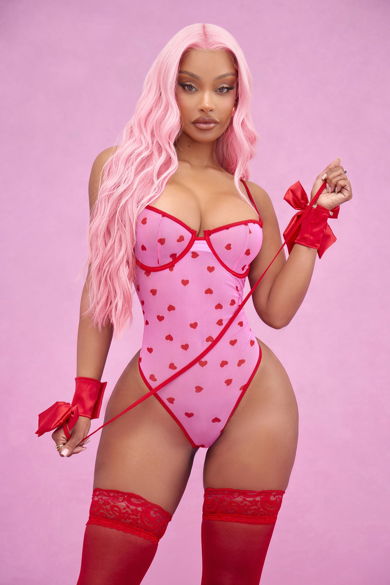 Kim Heart Throb Mesh Teddy &amp; Cuff Set - Pink/combo