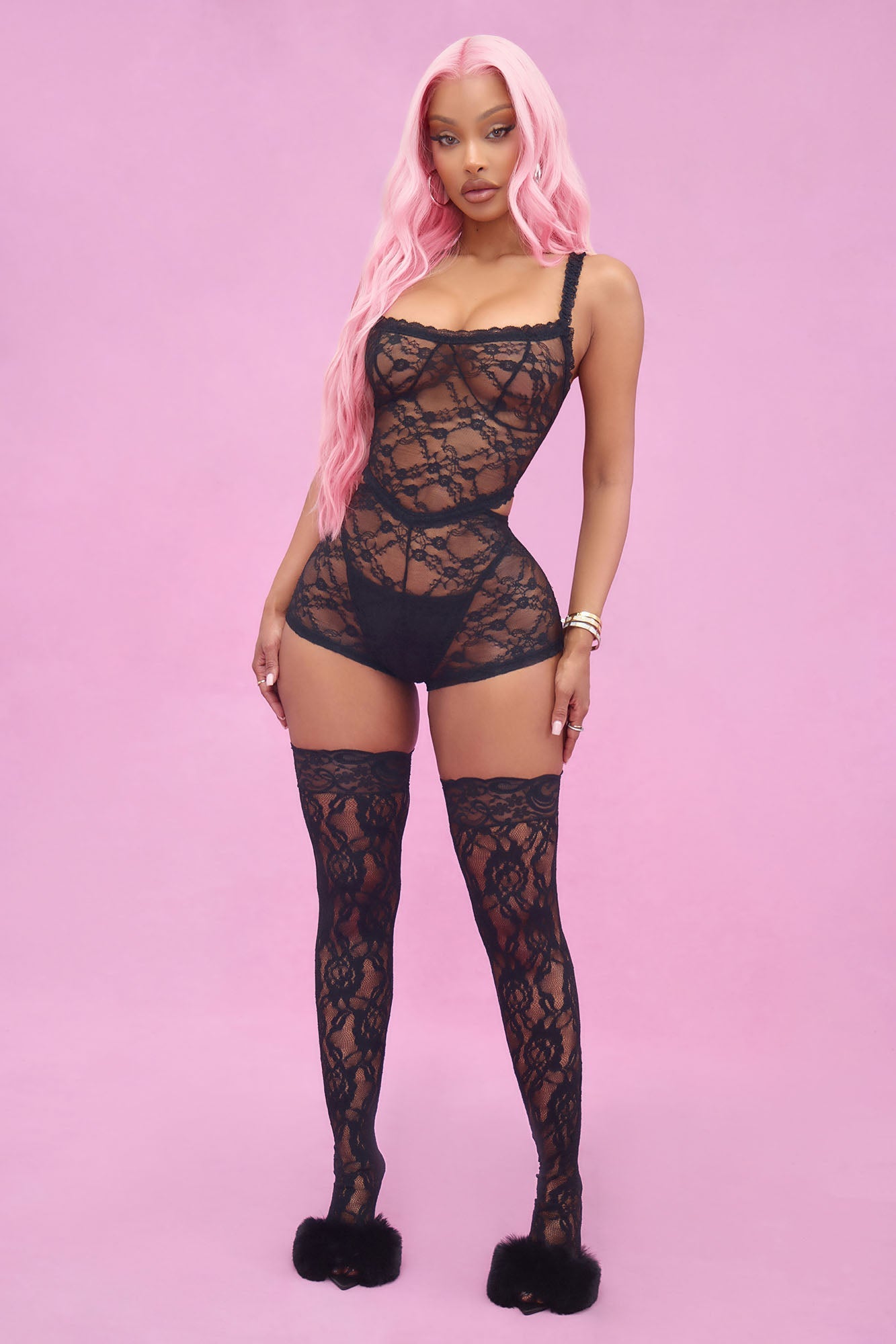 Give You My Heart Lace Romper Bodystocking - Black