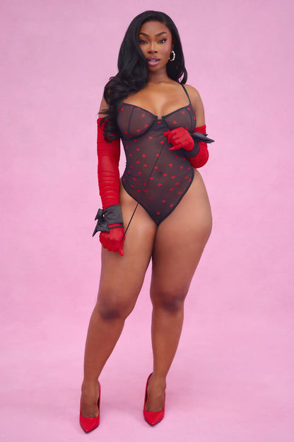 Kim Heart Throb Mesh Teddy &amp; Cuff Set - Black/Red
