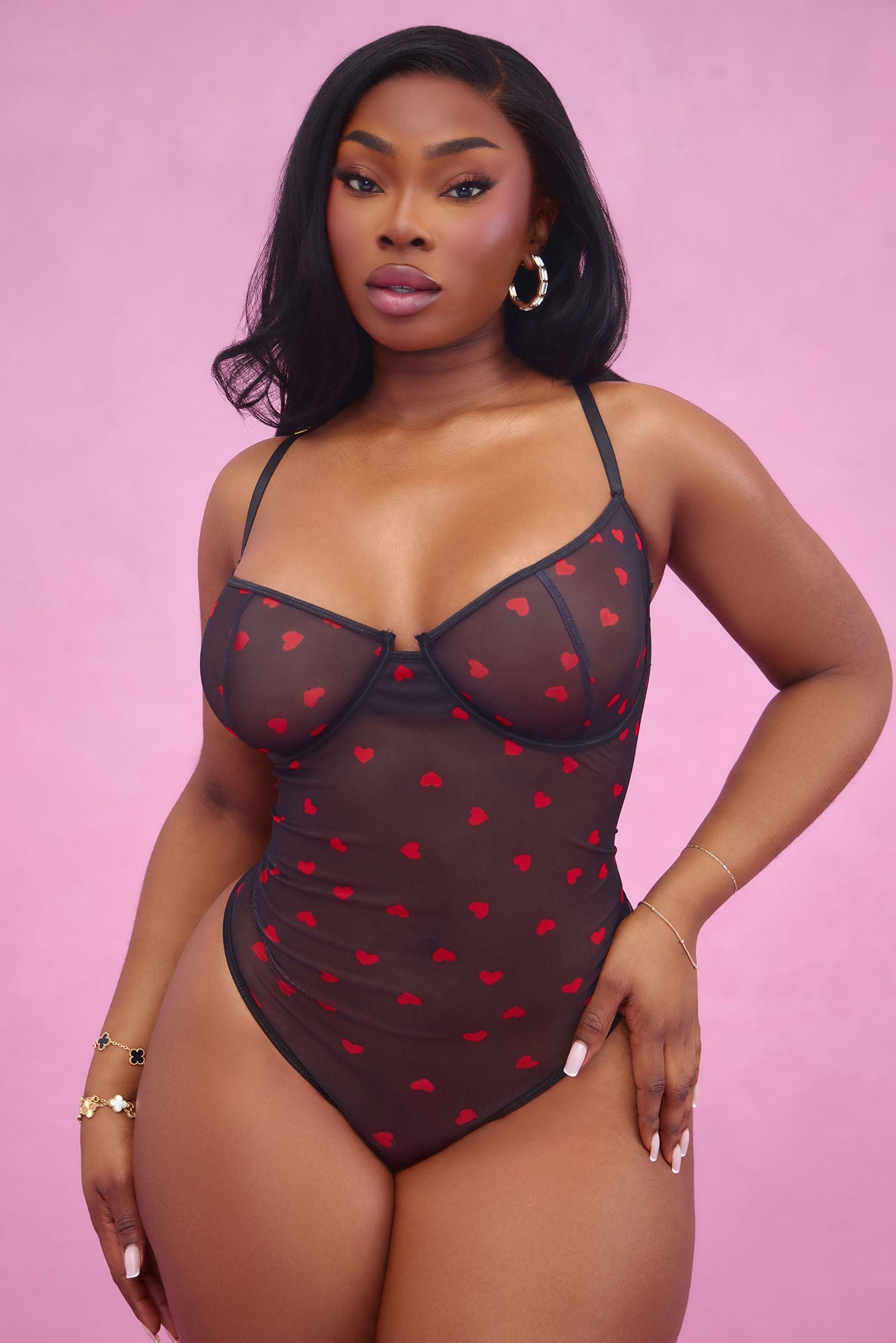 Kim Heart Throb Mesh Teddy &amp; Cuff Set - Black/Red