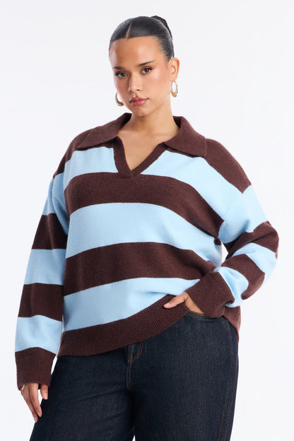 Study Date Collared Striped Sweater - Blue/combo