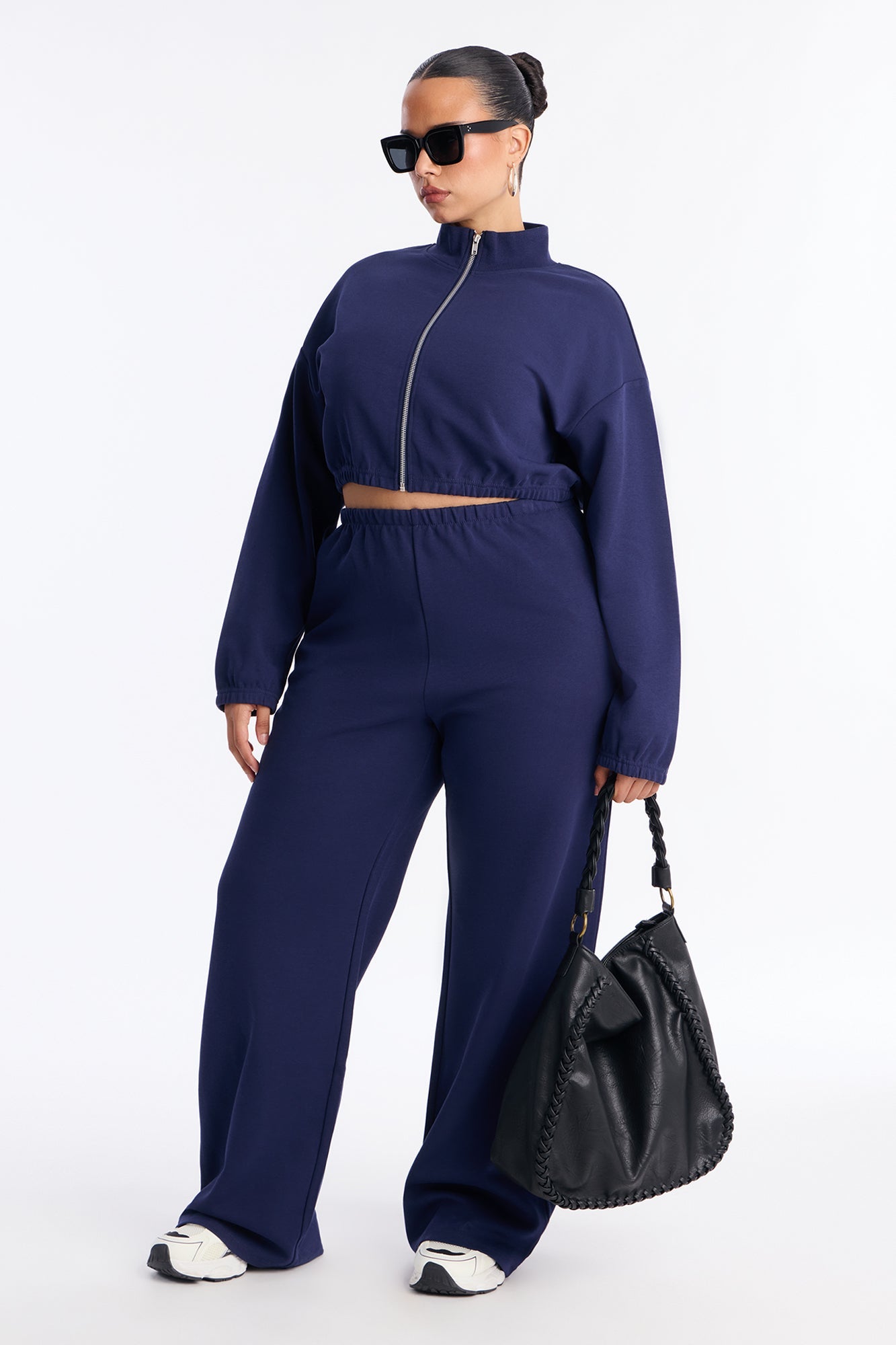Audrina Funnel Neck Cropped Bomber Pant Set - Navy