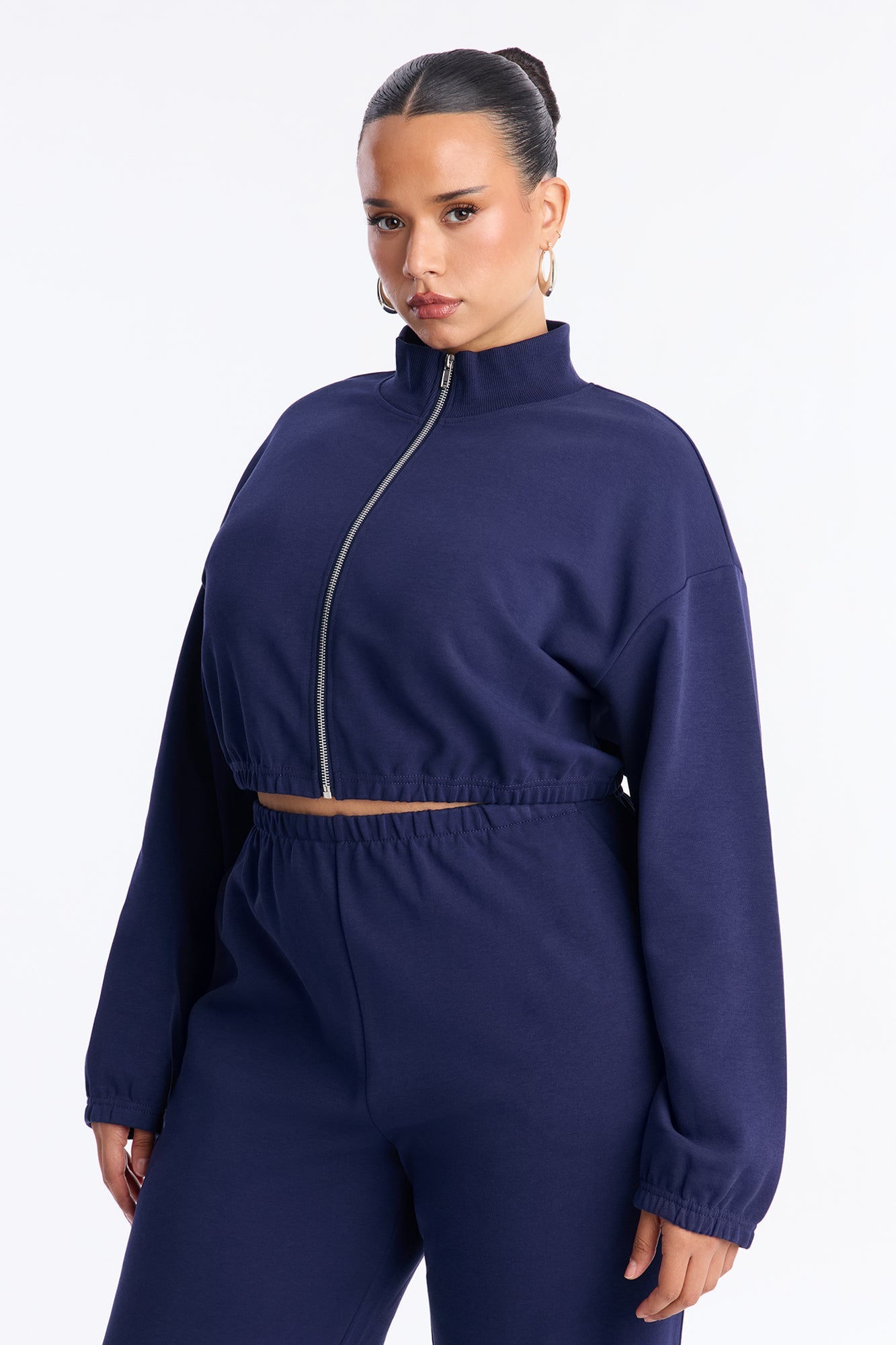 Audrina Funnel Neck Cropped Bomber Pant Set - Navy
