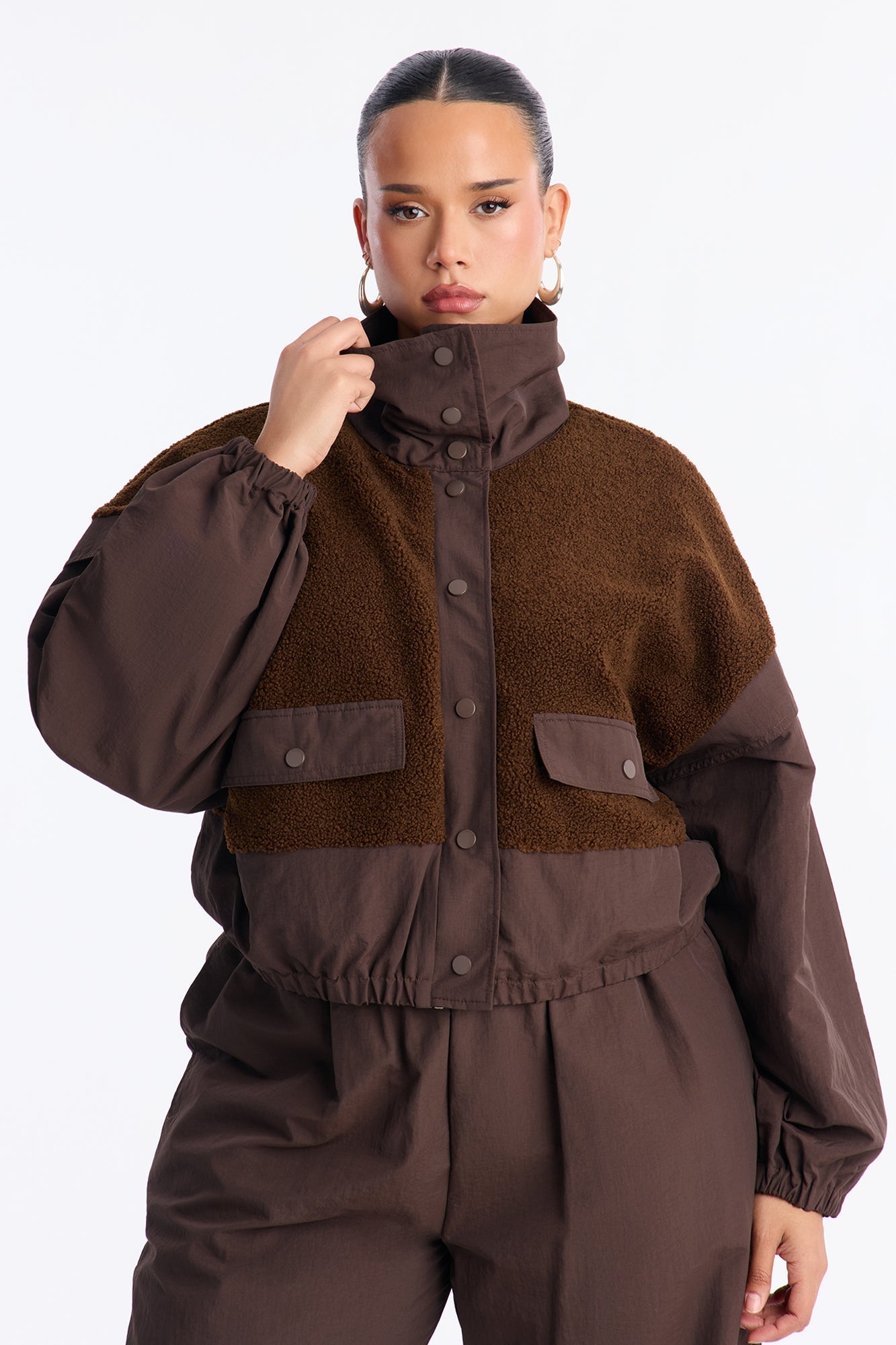 Lowkey Windbreaker Sherpa Pant Set - Chocolate