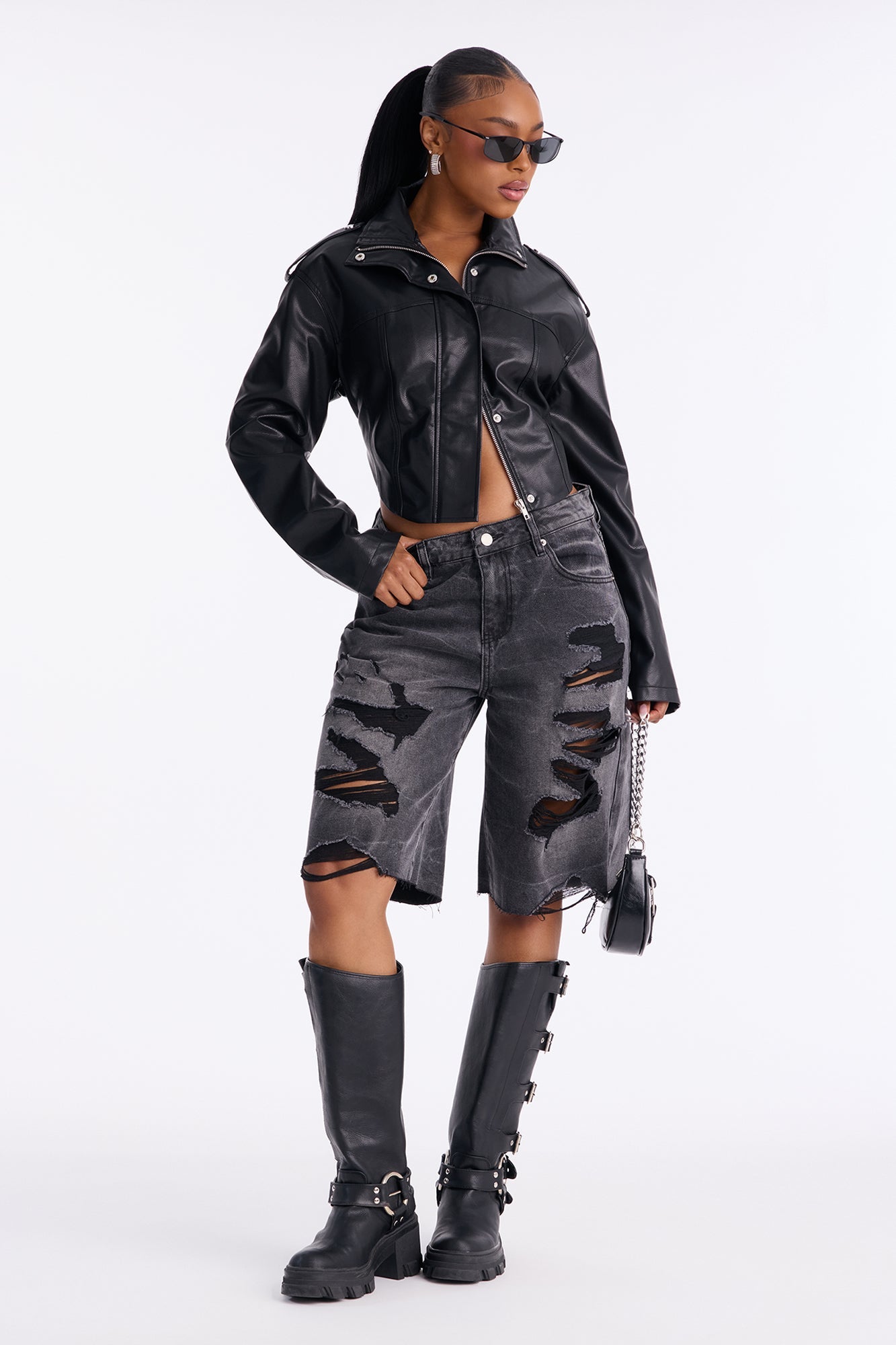Watch Me Go Ripped Denim Shorts - Black Wash