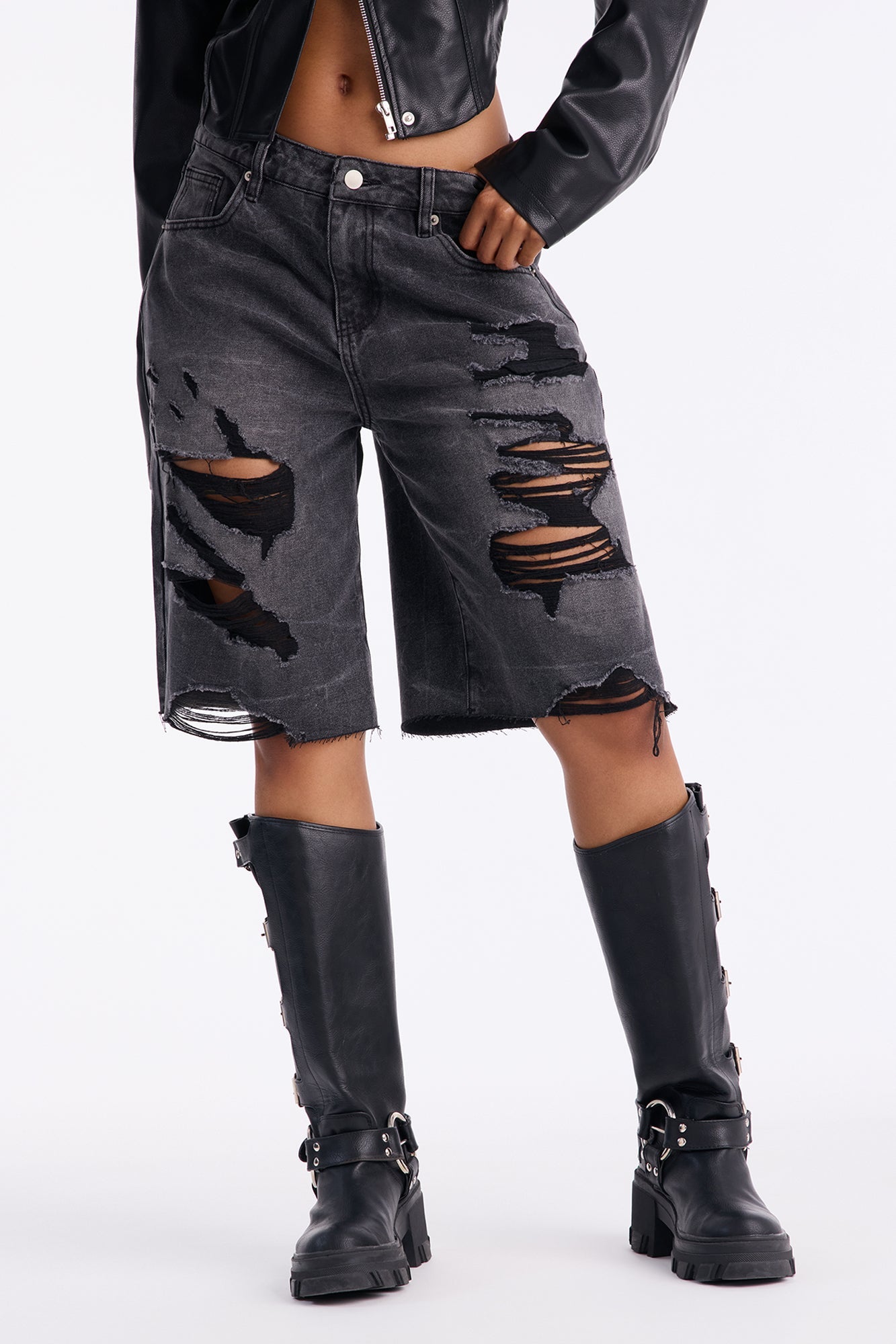 Watch Me Go Ripped Denim Shorts - Black Wash