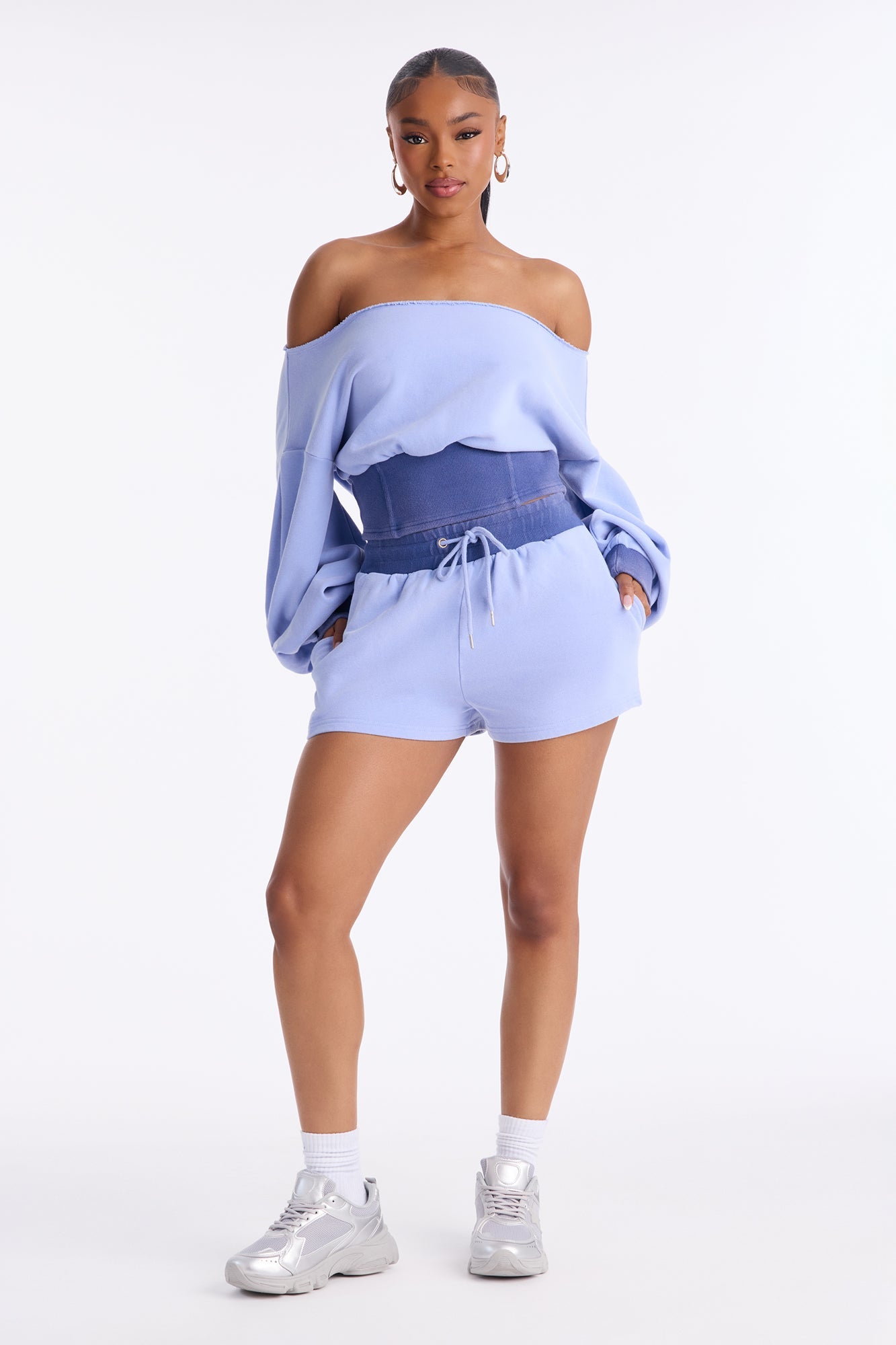 Come Find Me Washed Fleece Mix Short Set - Periwinkle