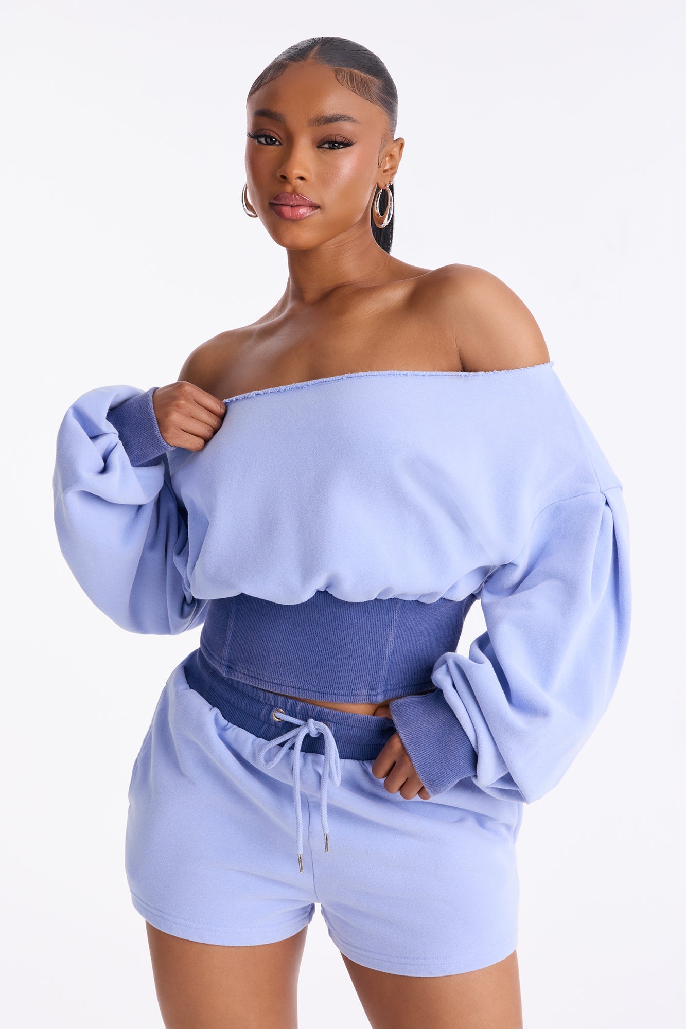 Come Find Me Washed Fleece Mix Short Set - Periwinkle