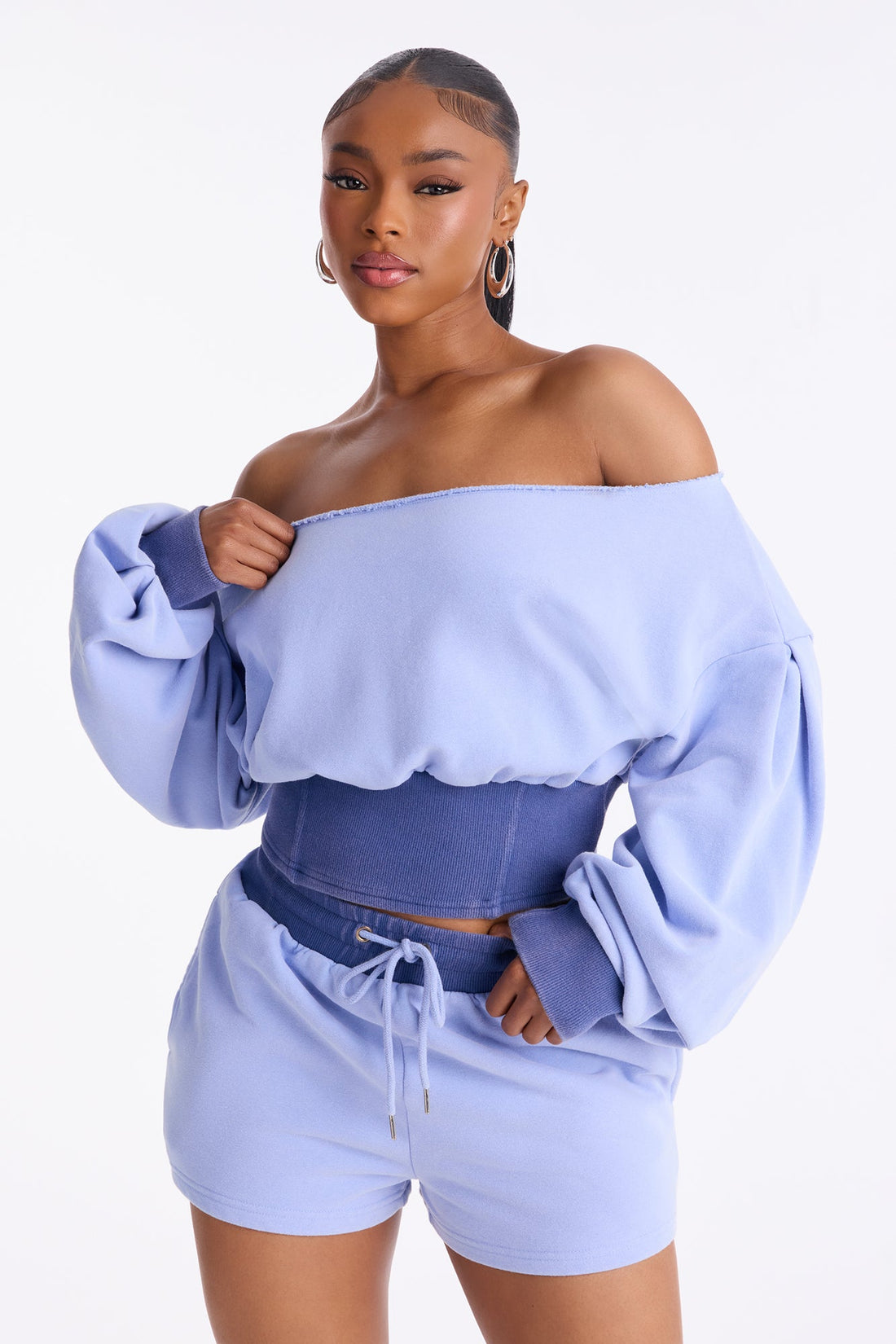 Come Find Me Washed Fleece Mix Short Set - Periwinkle