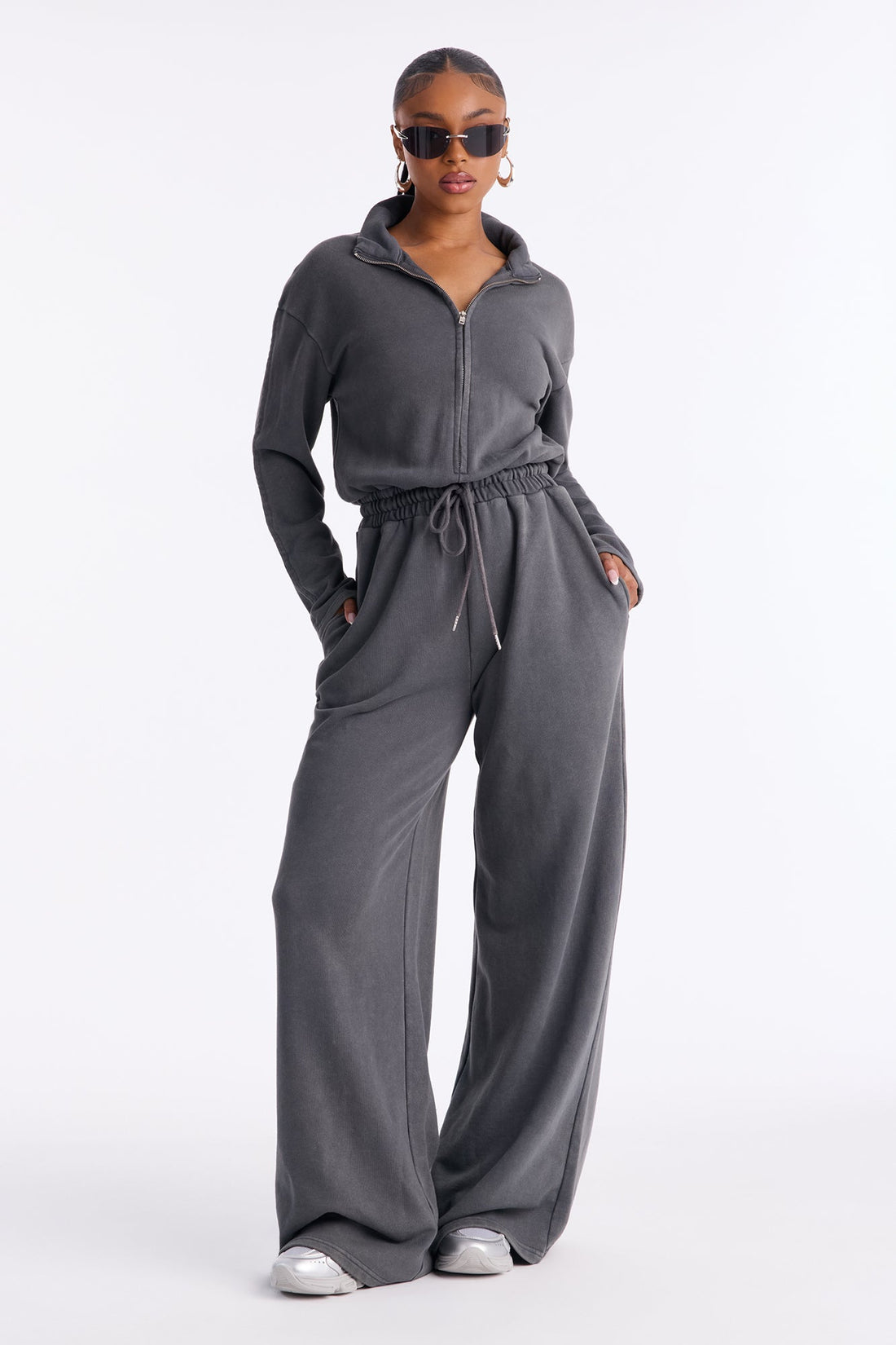 Busy Schedule Washed French Terry Jumpsuit - Charcoal