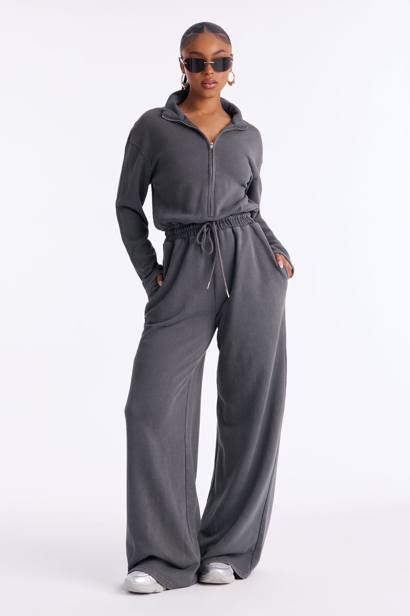 Busy Schedule Washed French Terry Jumpsuit - Charcoal