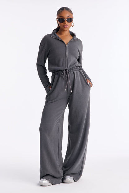 Busy Schedule Washed French Terry Jumpsuit - Charcoal