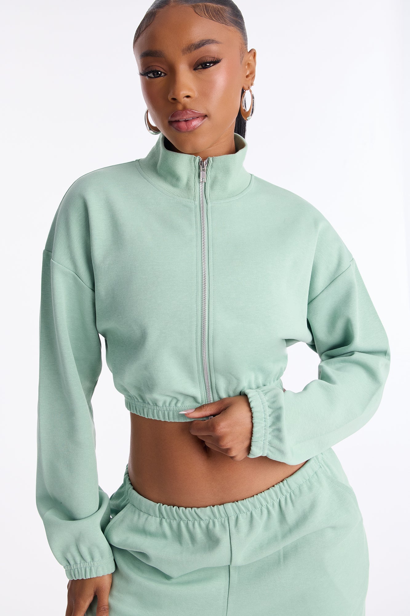 Audrina Funnel Neck Cropped Bomber Pant Set - Sage