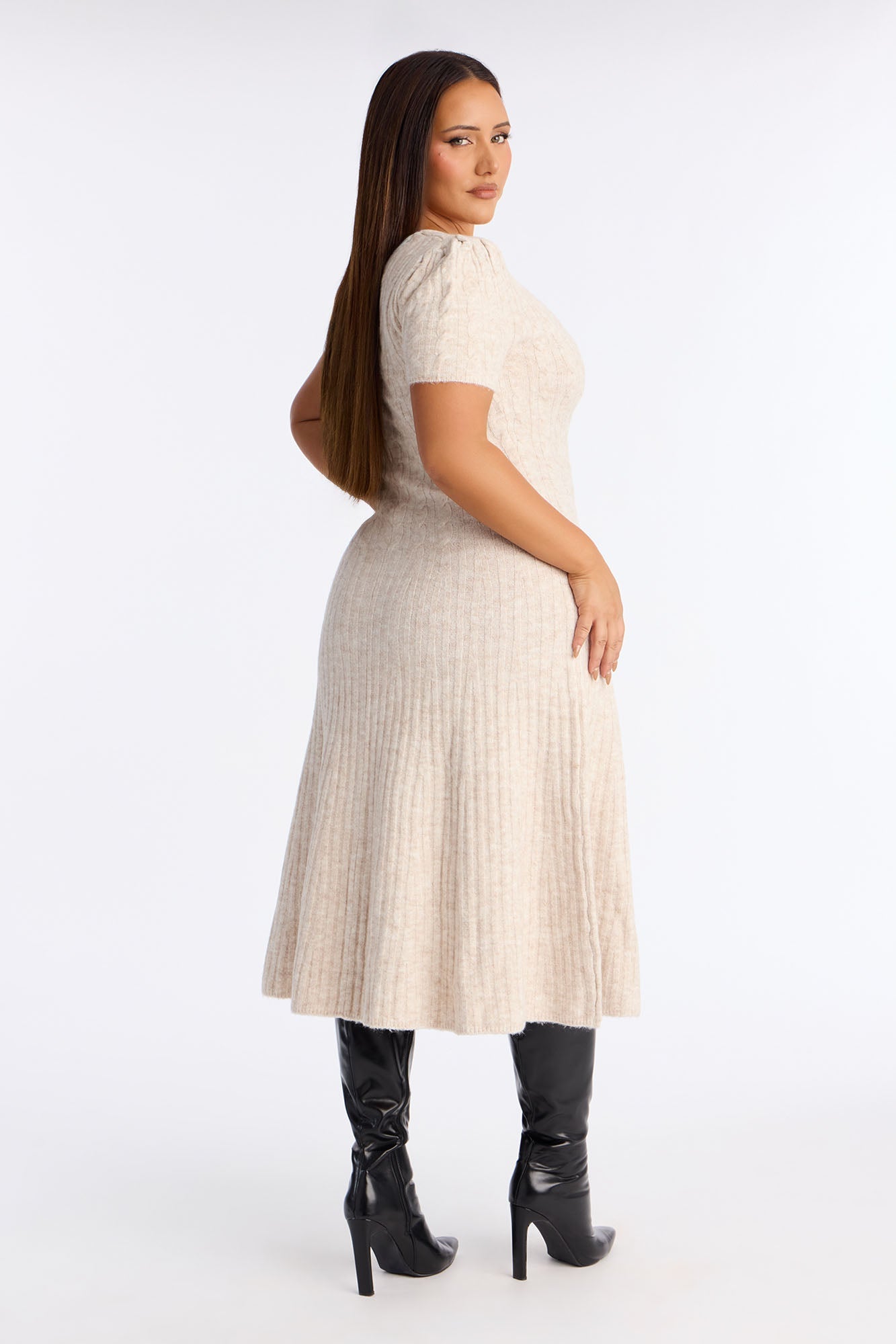 Tyra Cable Knit Sweater Midi Dress - Cream