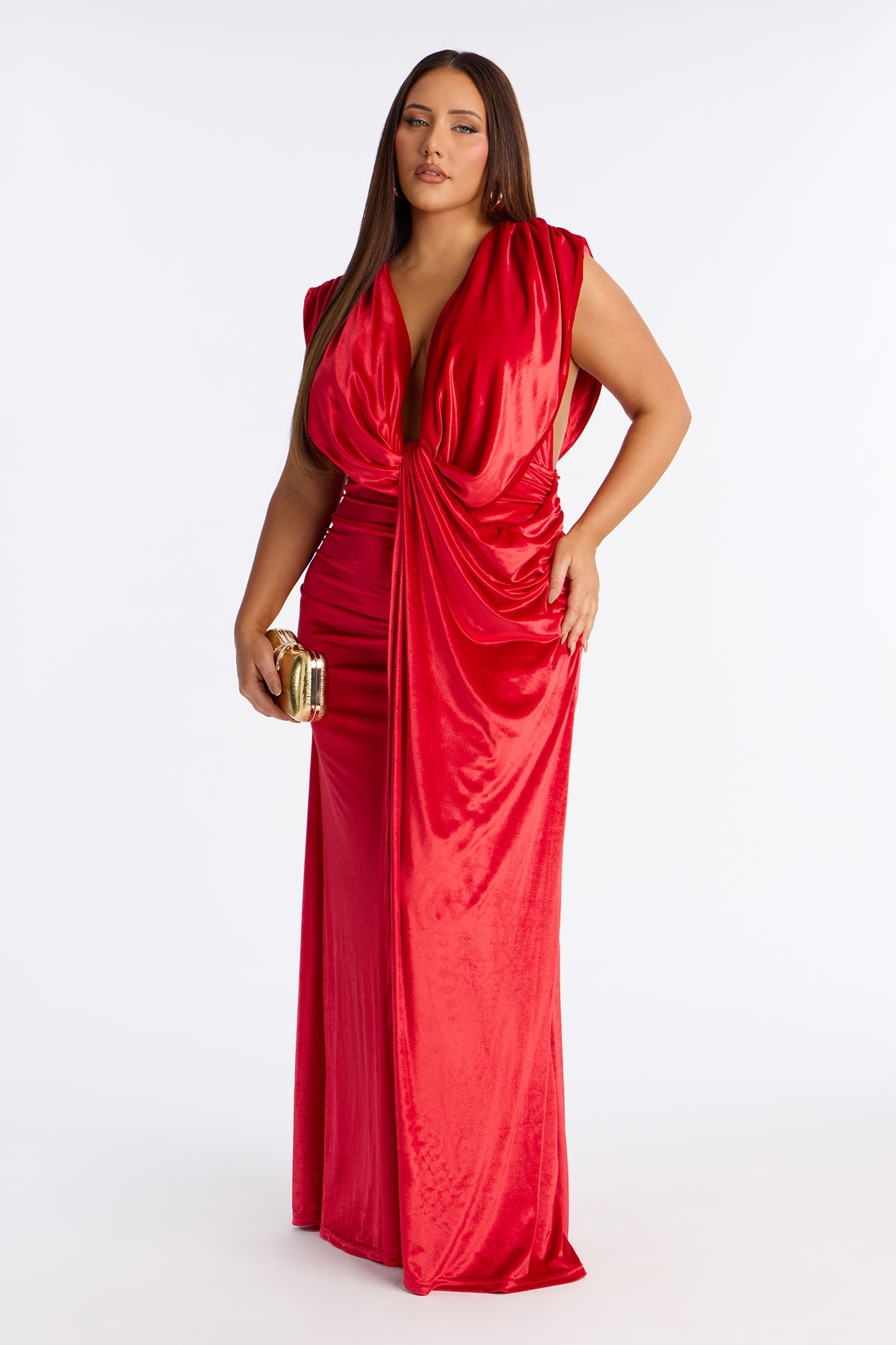 Maribel Draped Velvet Maxi Dress - Red