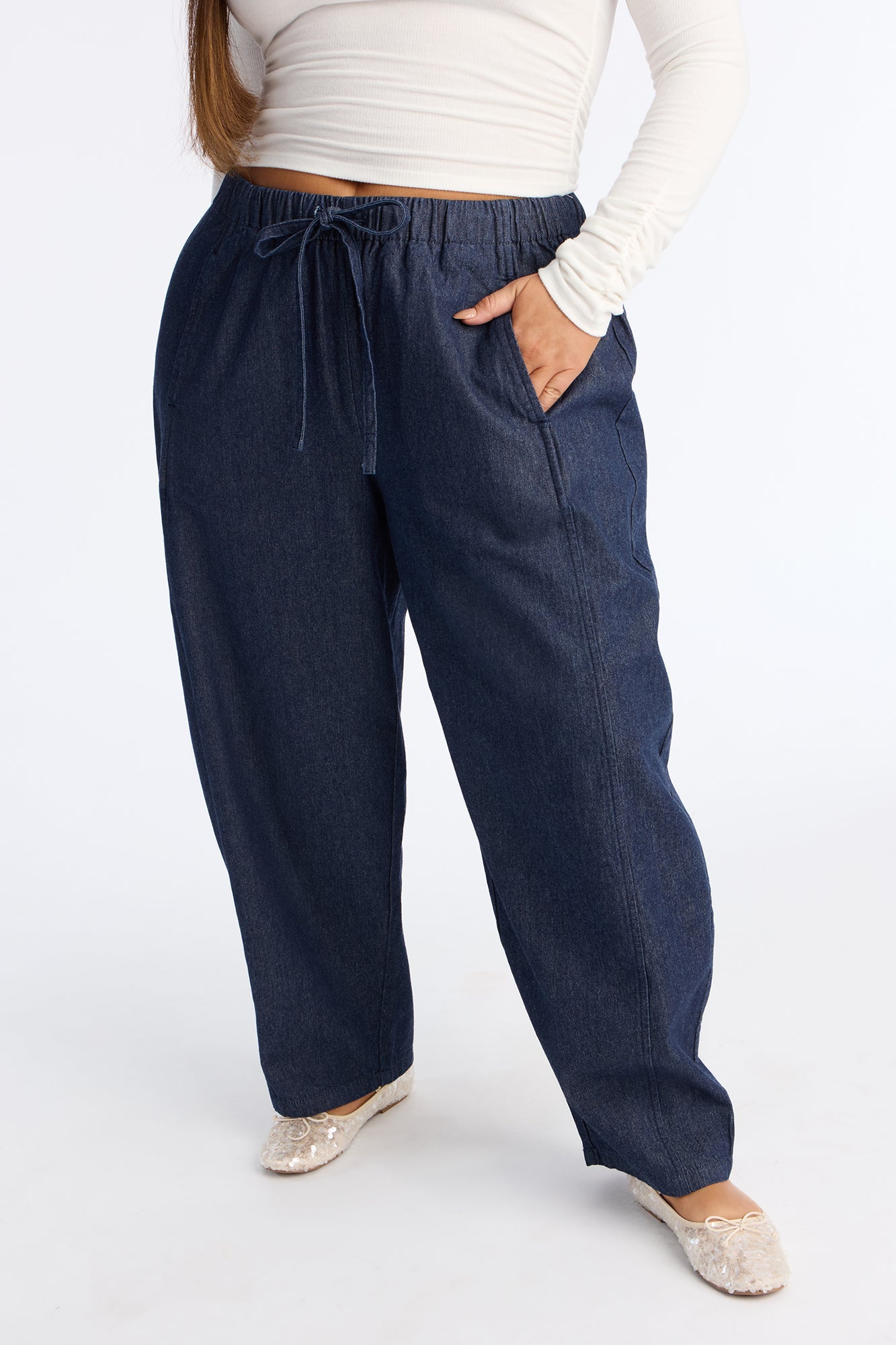 Travel Easy Waist Loose Barrel Jeans - Dark Wash