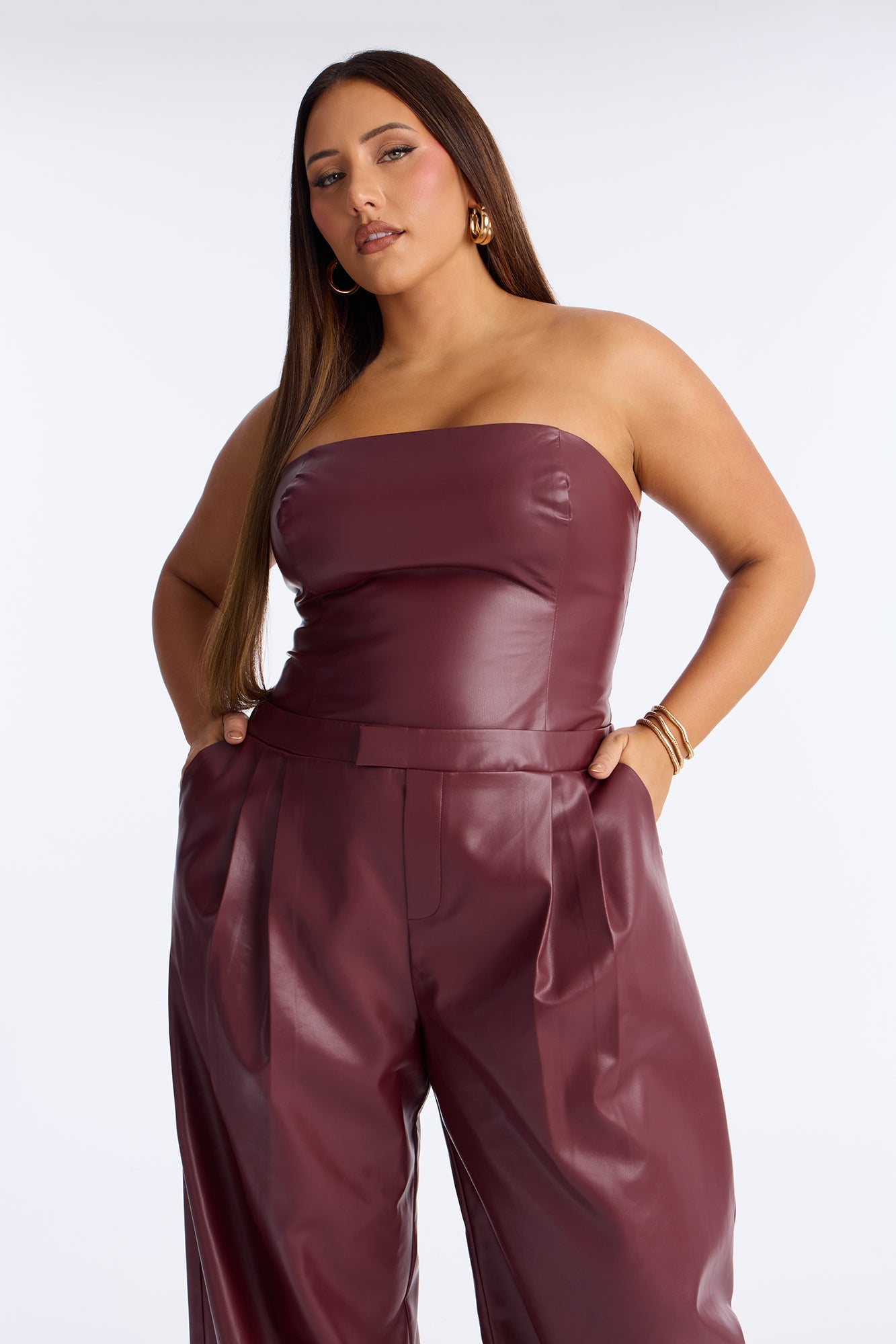 Alessandra Faux Leather 2Piece Blazer Jumpsuit - Burgundy