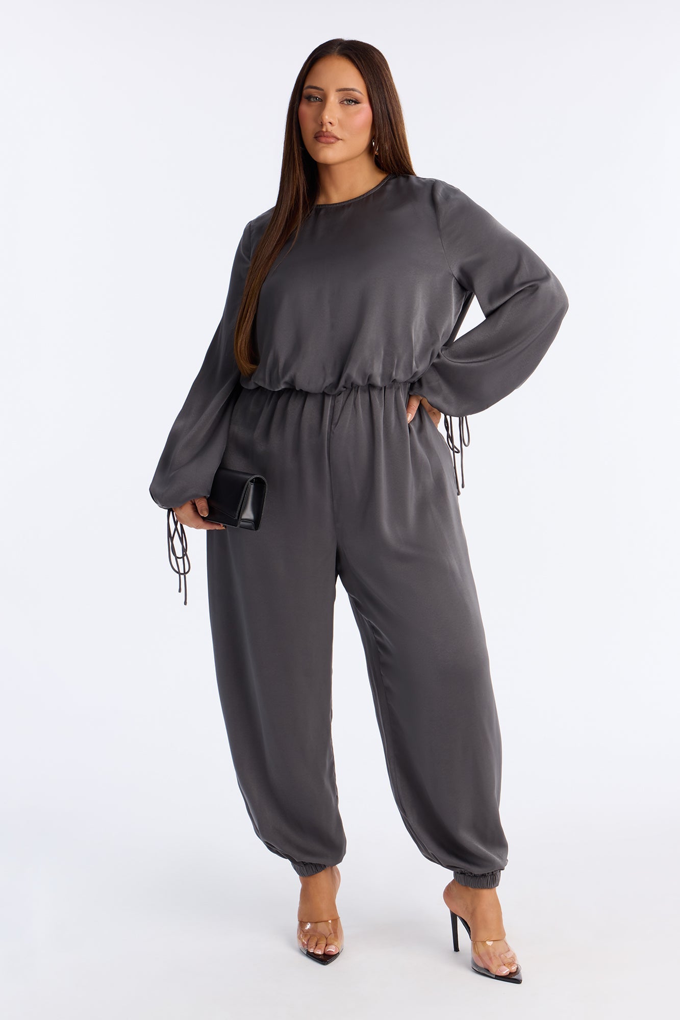 Shayla Satin Jogger Jumpsuit - Charcoal