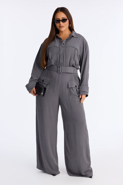 Mia Utility Belted Wide Leg Jumpsuit - Charcoal