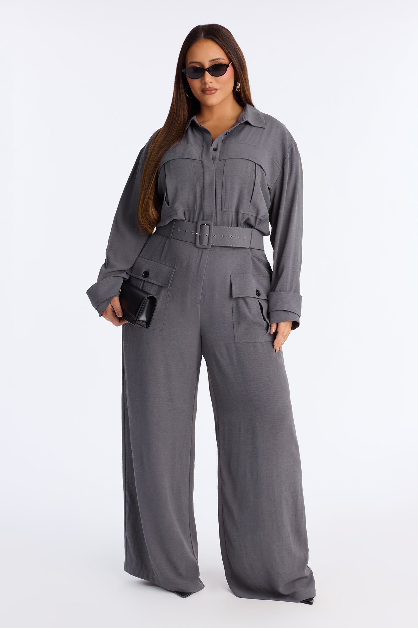 Mia Utility Belted Wide Leg Jumpsuit - Charcoal