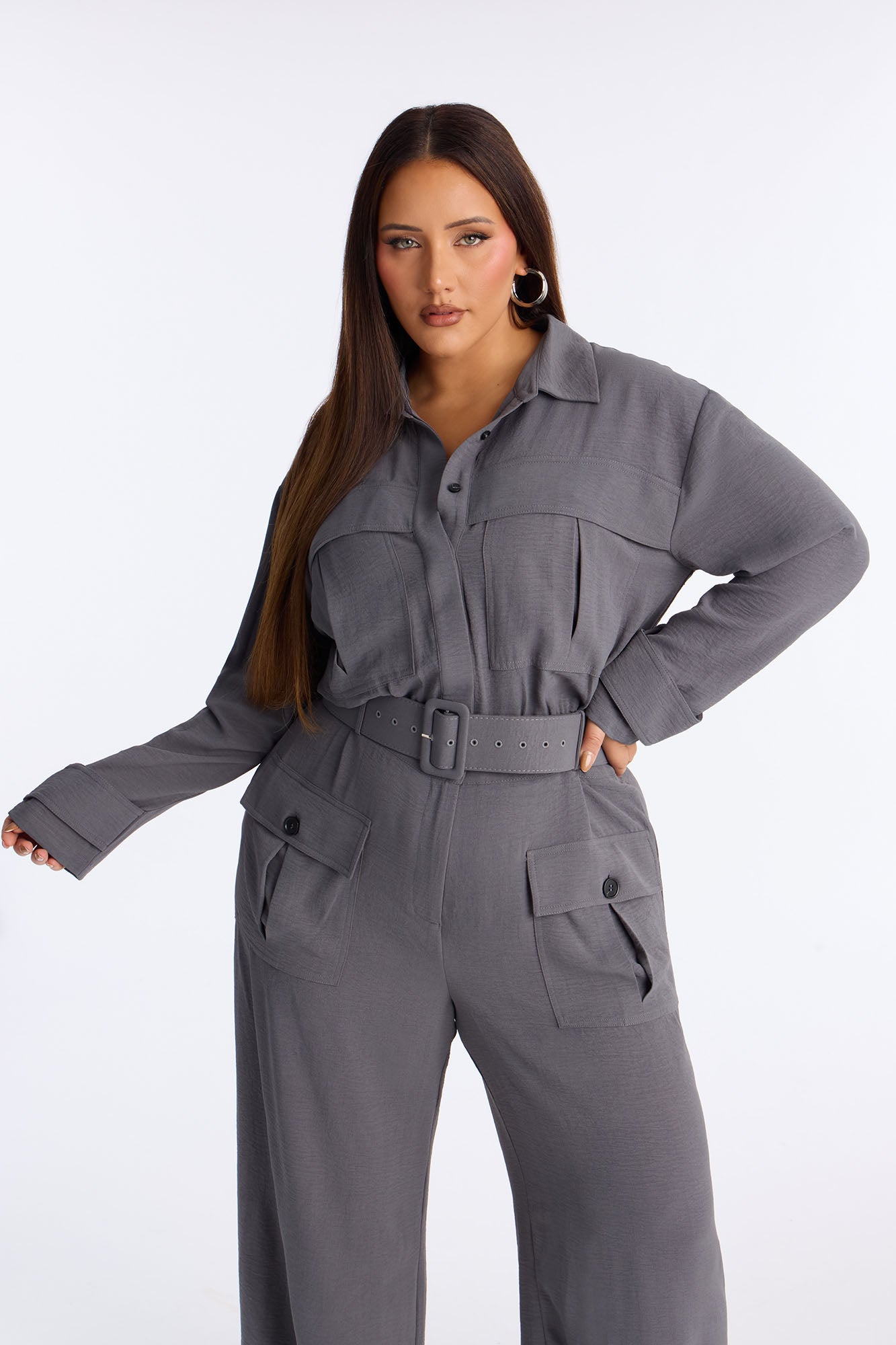 Mia Utility Belted Wide Leg Jumpsuit - Charcoal