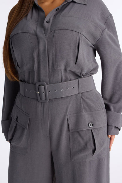 Mia Utility Belted Wide Leg Jumpsuit - Charcoal