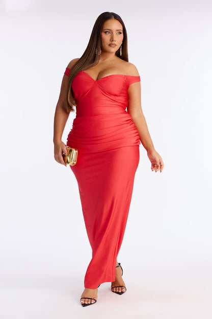 Amelya Off Shoulder Tricot Gown - Tomato Red