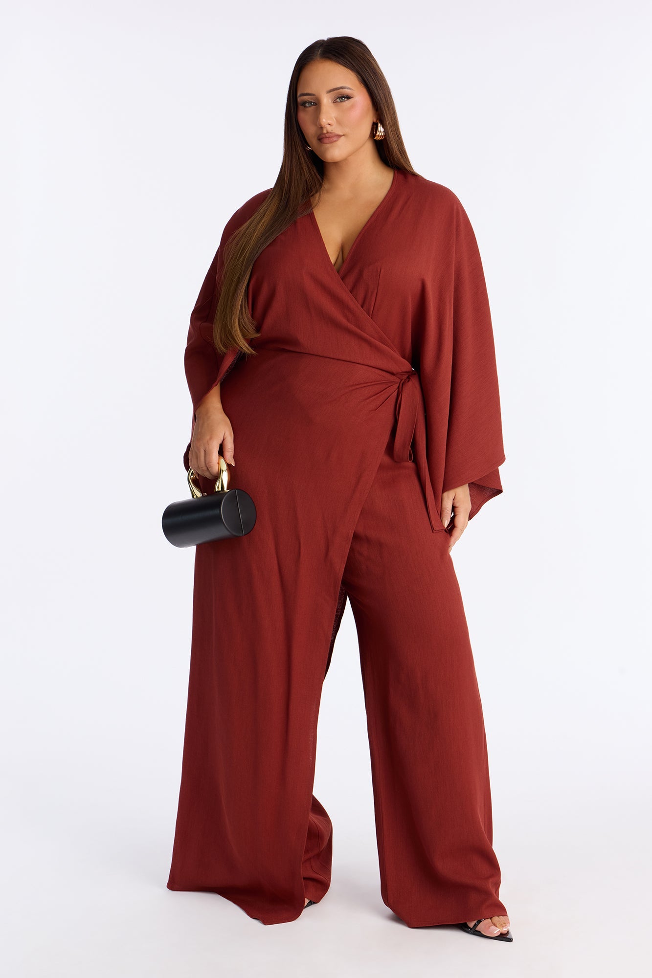 Shantal Long Sleeve Wrap Wide Leg Jumpsuit - Rust