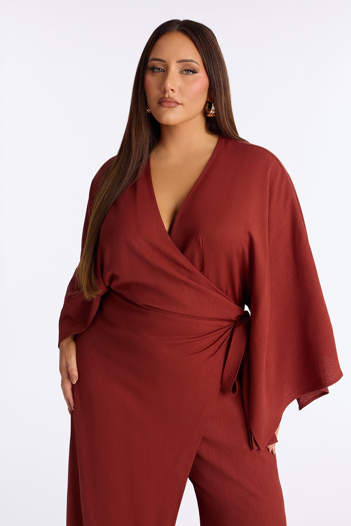 Shantal Long Sleeve Wrap Wide Leg Jumpsuit - Rust