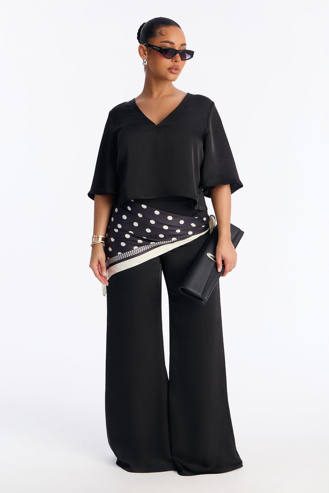 Shay Satin 3 Piece Scarf Pant Set - Black