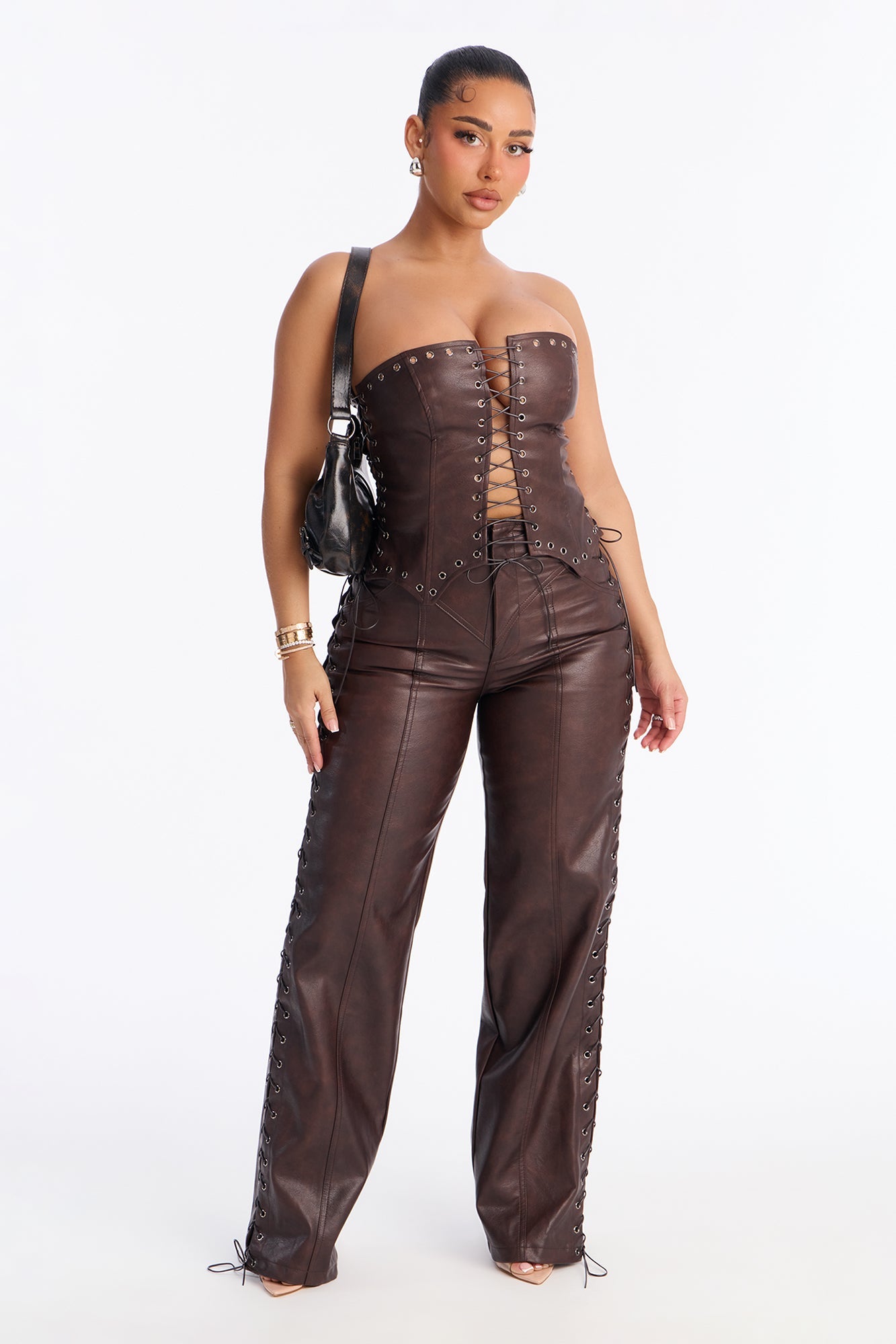 Tied To You Faux Leather Pant Set - Chocolate