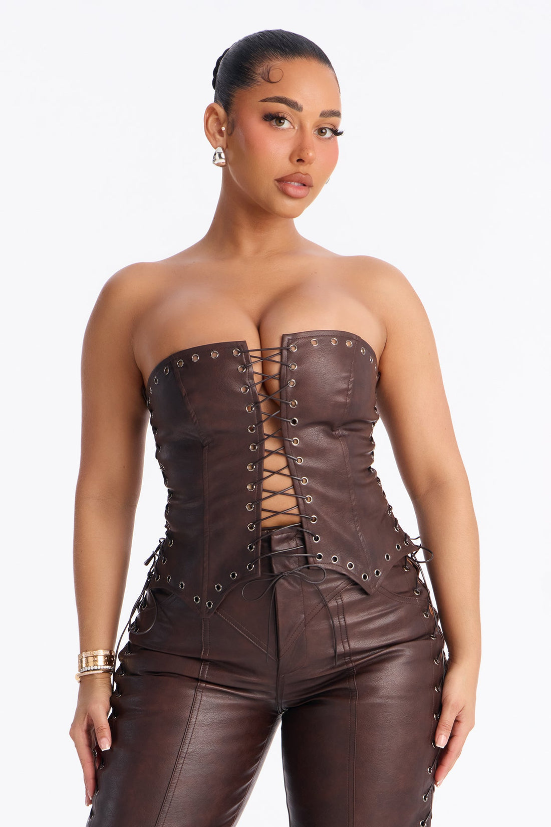 Tied To You Faux Leather Pant Set - Chocolate
