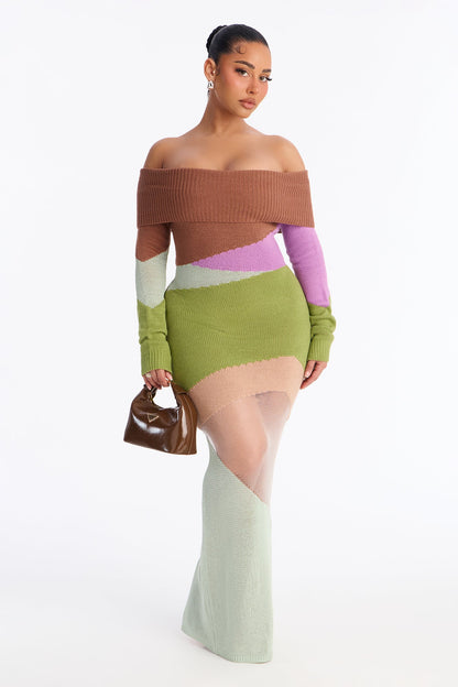 Shayna Off Shoulder Sweater Maxi Dress - Green/combo