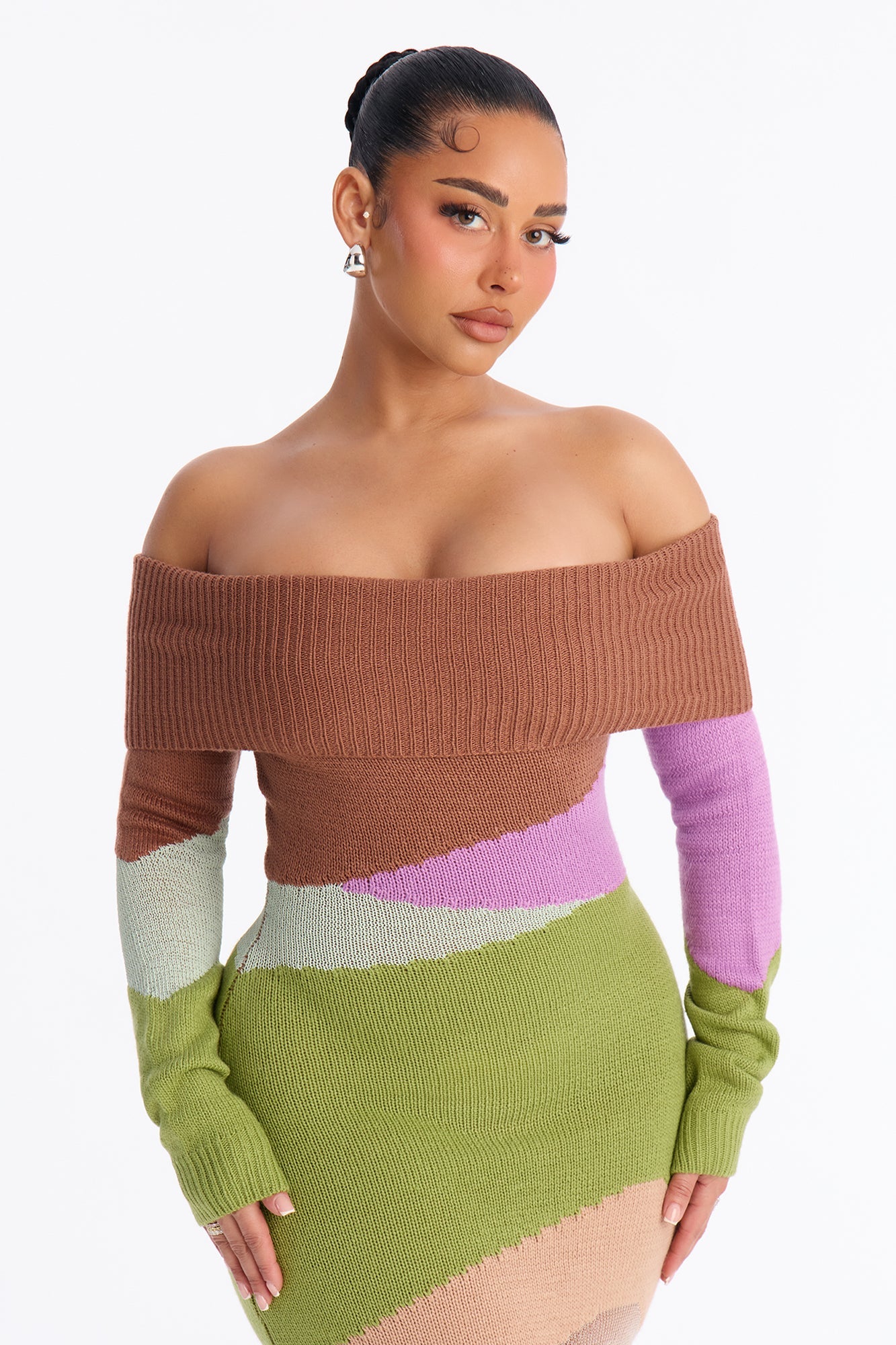 Shayna Off Shoulder Sweater Maxi Dress - Green/combo