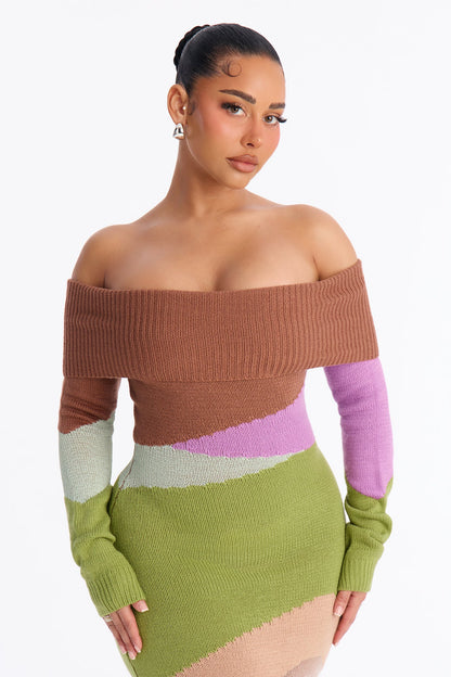Shayna Off Shoulder Sweater Maxi Dress - Green/combo