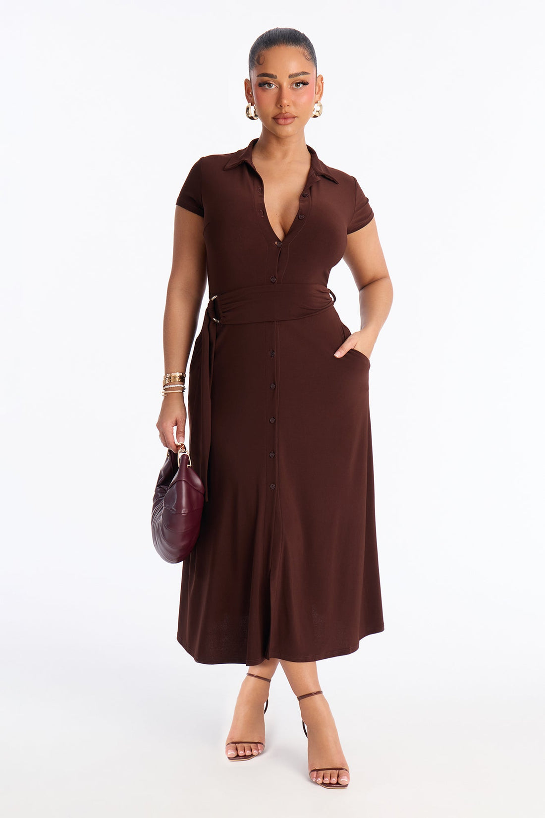 Elise Button Up Midi Dress - Chocolate