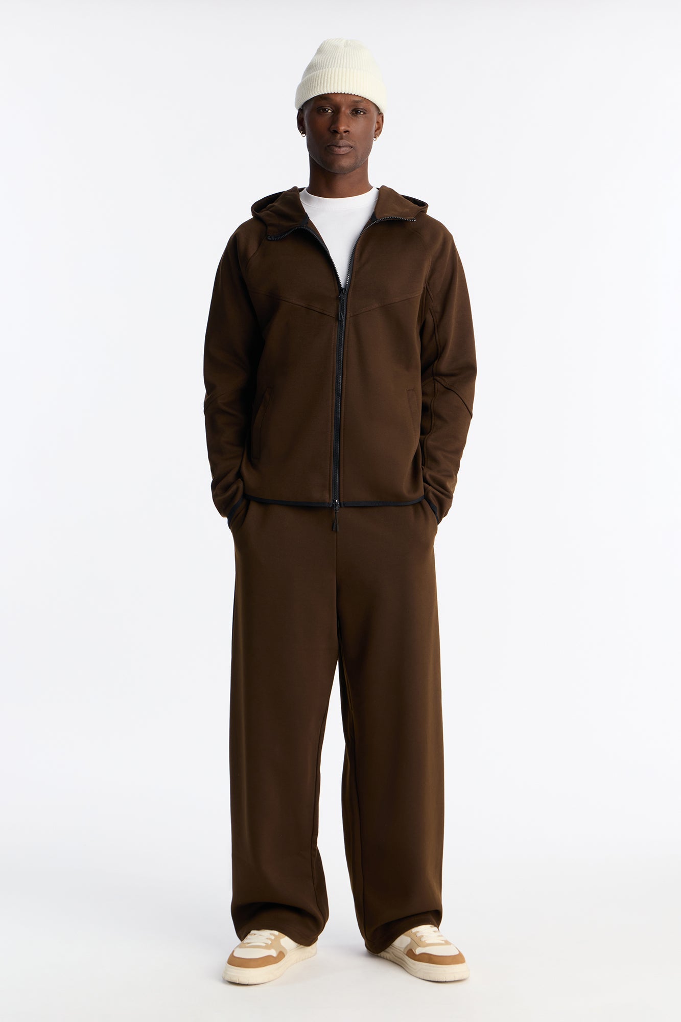 Structured Paneled Fleece Zip Up Hoodie - Chocolate