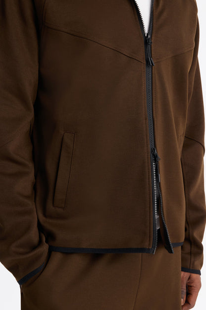 Structured Paneled Fleece Zip Up Hoodie - Chocolate