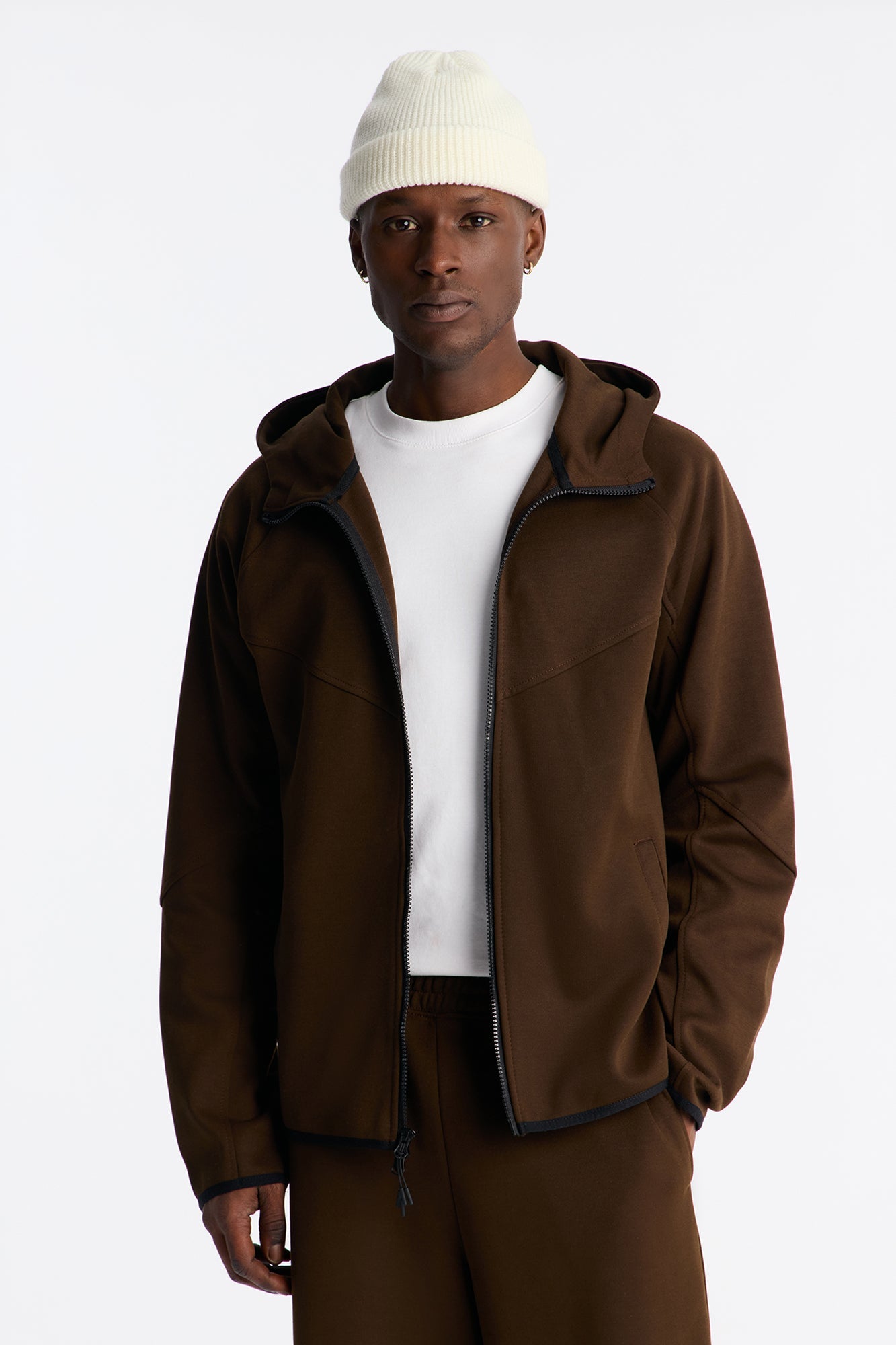 Structured Paneled Fleece Zip Up Hoodie - Chocolate