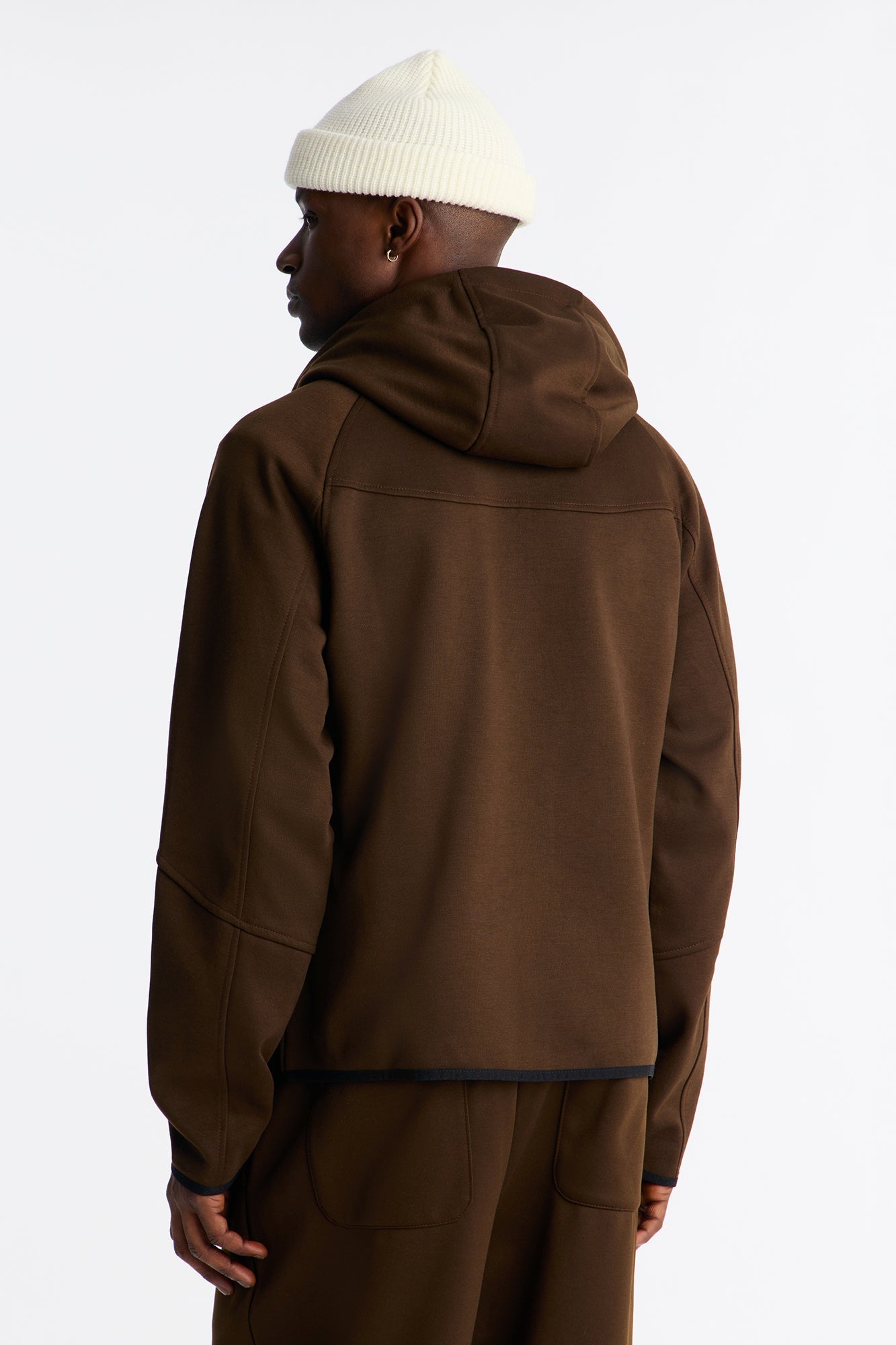 Structured Paneled Fleece Zip Up Hoodie - Chocolate