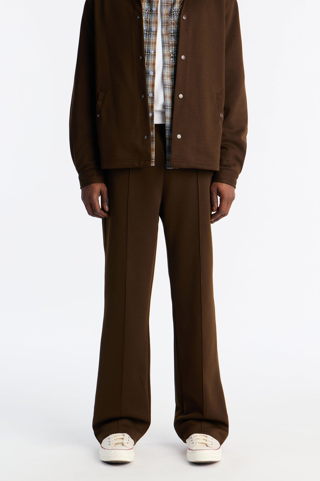 Structured Fleece Pintuck Slim Flare Sweatpants - Chocolate