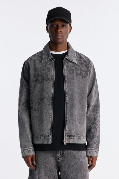 Night Fall Leopard Denim Jacket - Black Wash
