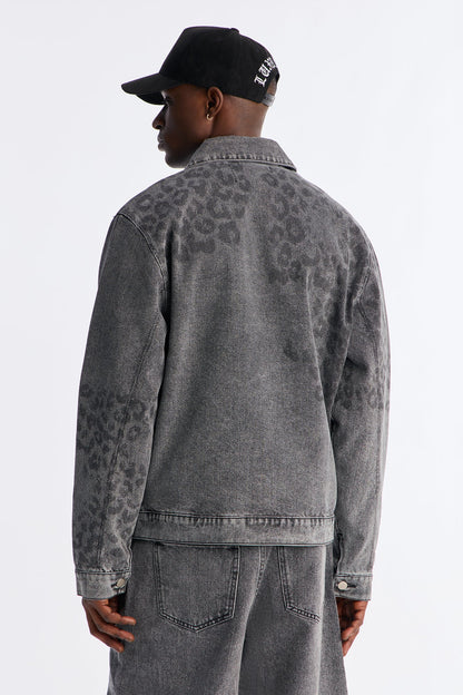 Night Fall Leopard Denim Jacket - Black Wash