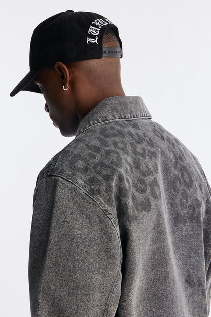 Night Fall Leopard Denim Jacket - Black Wash