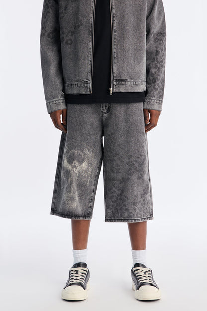 Baggy Night Fall Leopard Denim Shorts - Black Wash